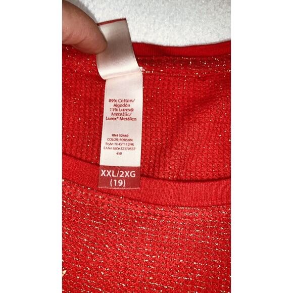 Red Glitter Pullover L S Women's XXL Red w Metallic Thread & Gold Buck Deer Head - Picture 9 of 14